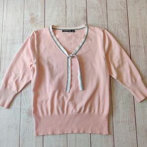 George retro pink cotton blend V-neck 3/4 sleeve sweater L
